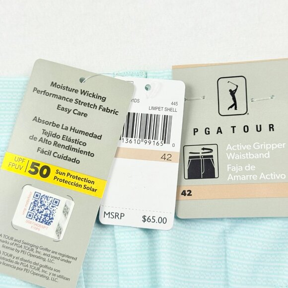 PGA Tour Men Active Gripper Waistband UPF 50 Stretch Light Blue Shorts Sz 42 NWT - Picture 7 of 11